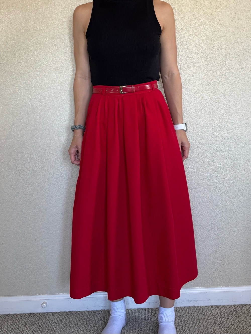 Vintage Red Pleated Skirt with Belt